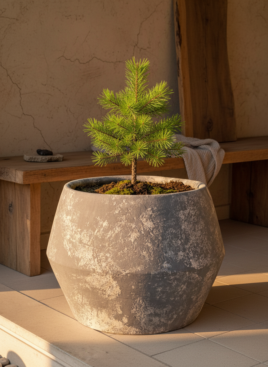 Pot en terre cuite gris rustique à finition texturée et silhouette géométrique