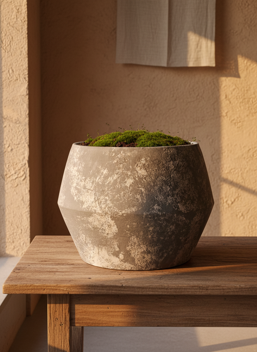 Pot en terre cuite gris rustique à finition texturée et silhouette géométrique
