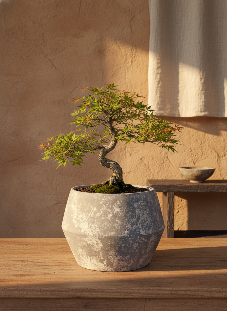 Pot en terre cuite gris rustique à finition texturée et silhouette géométrique