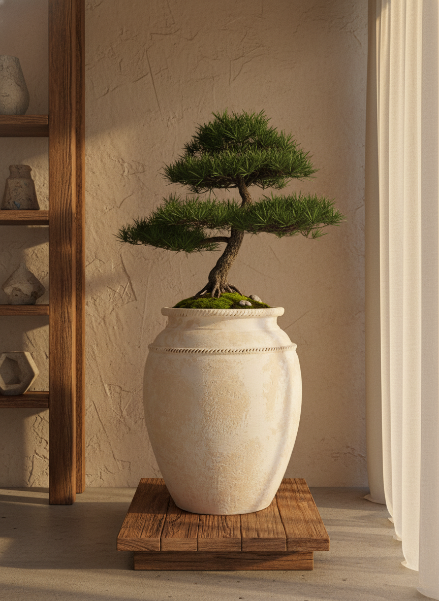 Pot de fleurs rustique en terre cuite crème avec détail décoratif en corde texturée