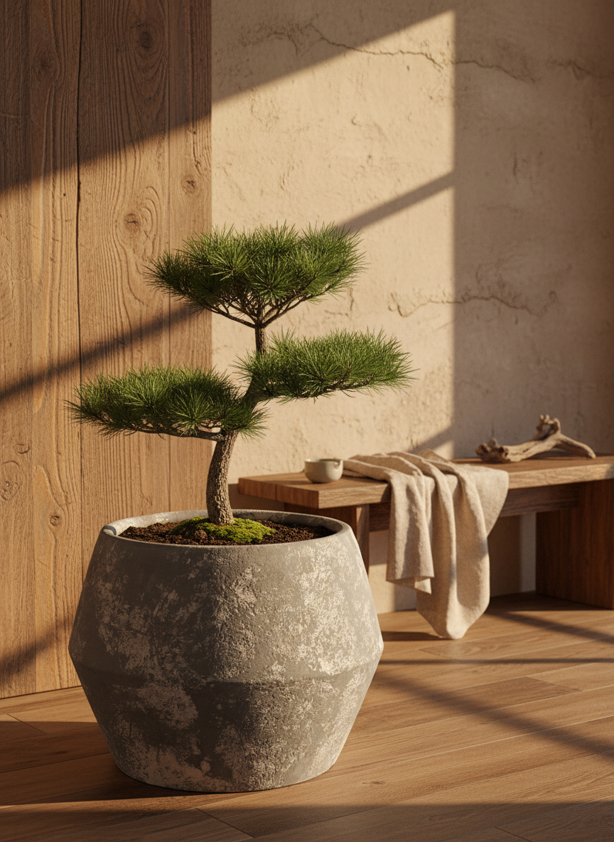 Pot en terre cuite gris rustique à finition texturée et silhouette géométrique