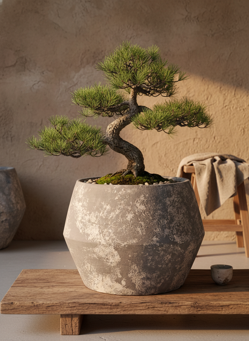 Pot en terre cuite gris rustique à finition texturée et silhouette géométrique