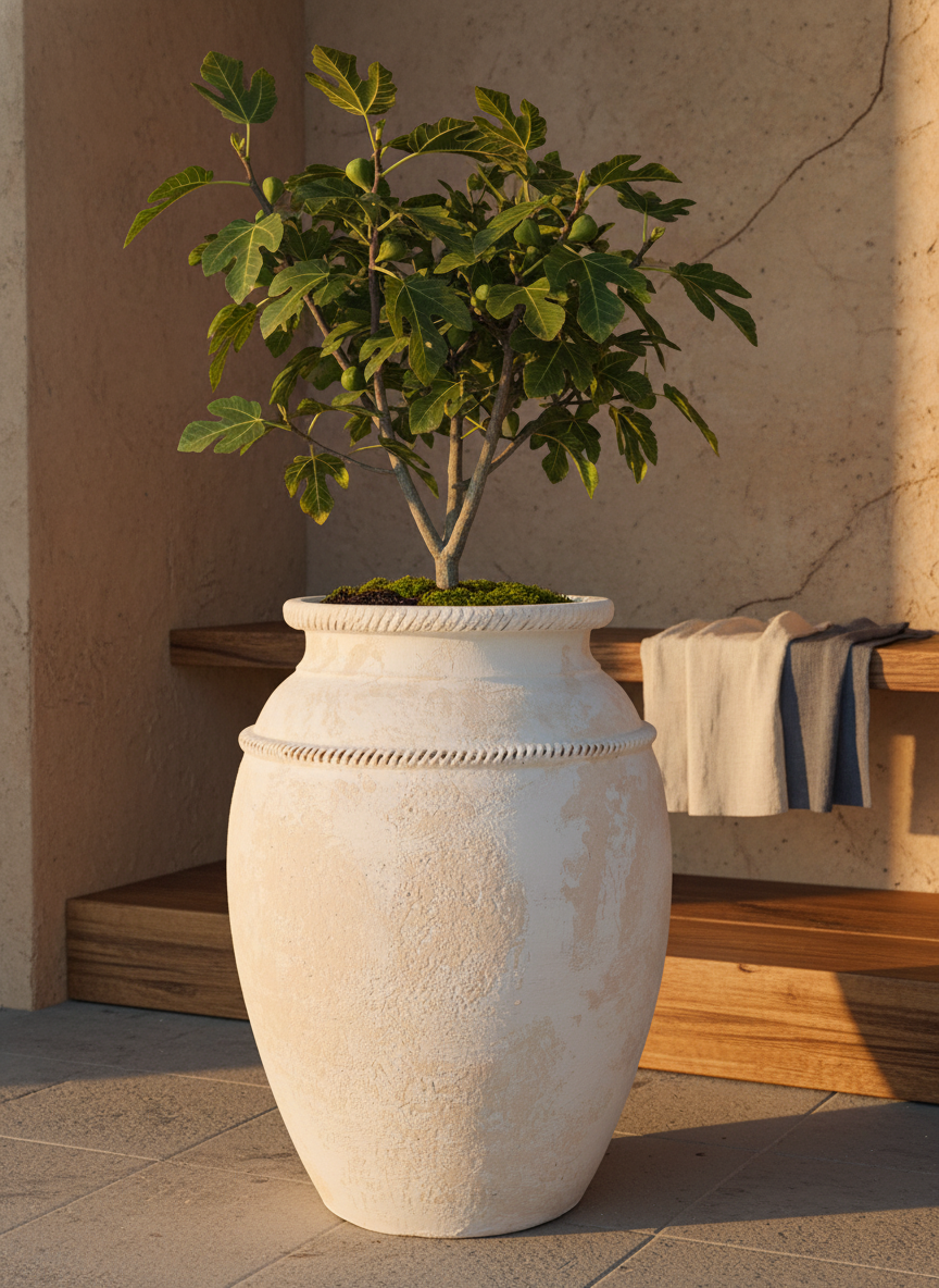 Maceta rústica de terracota color crema con detalle decorativo de cuerda texturizada