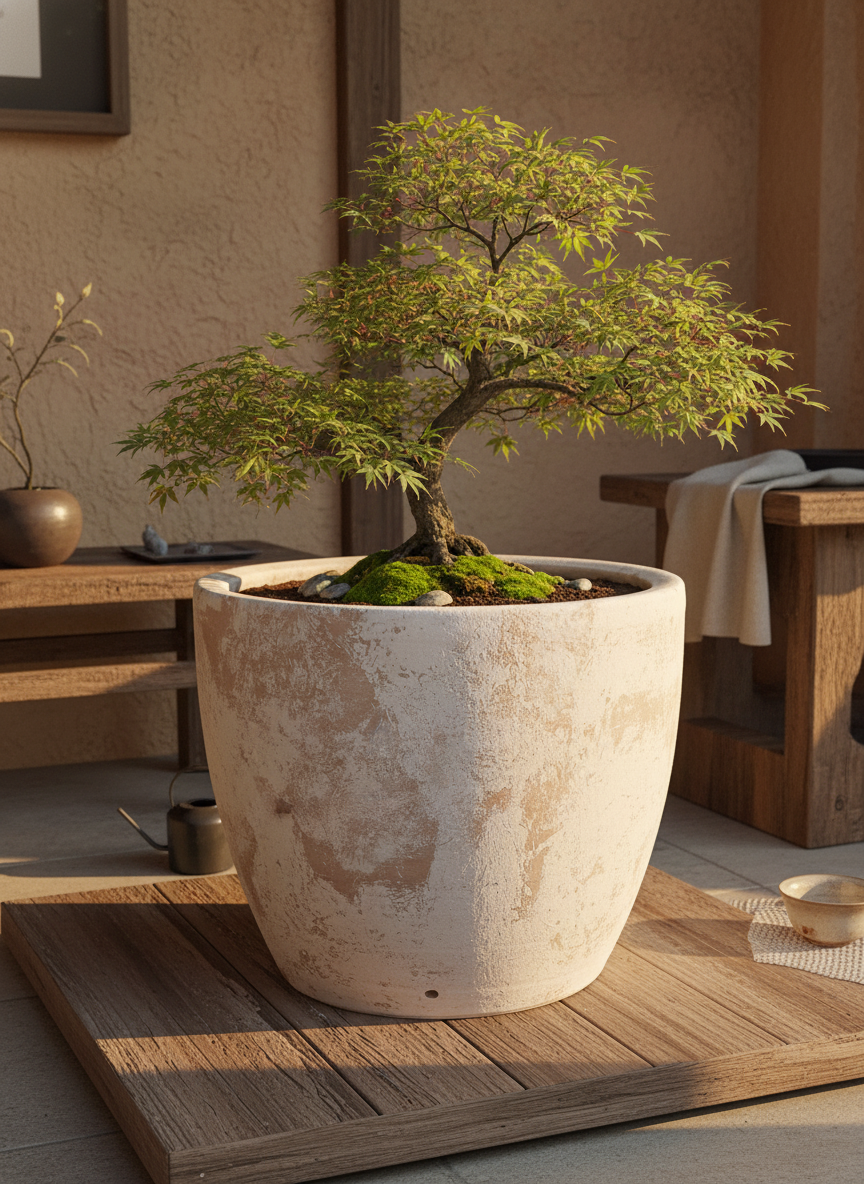 Pot de fleurs rustique en terre cuite crème au design rond effilé et texturé