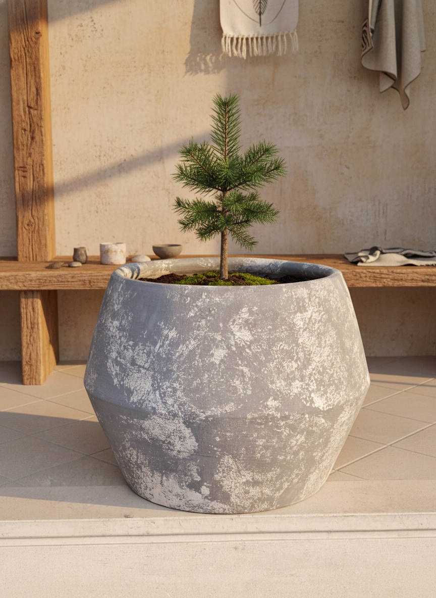 Pot en terre cuite gris rustique à finition texturée et silhouette géométrique