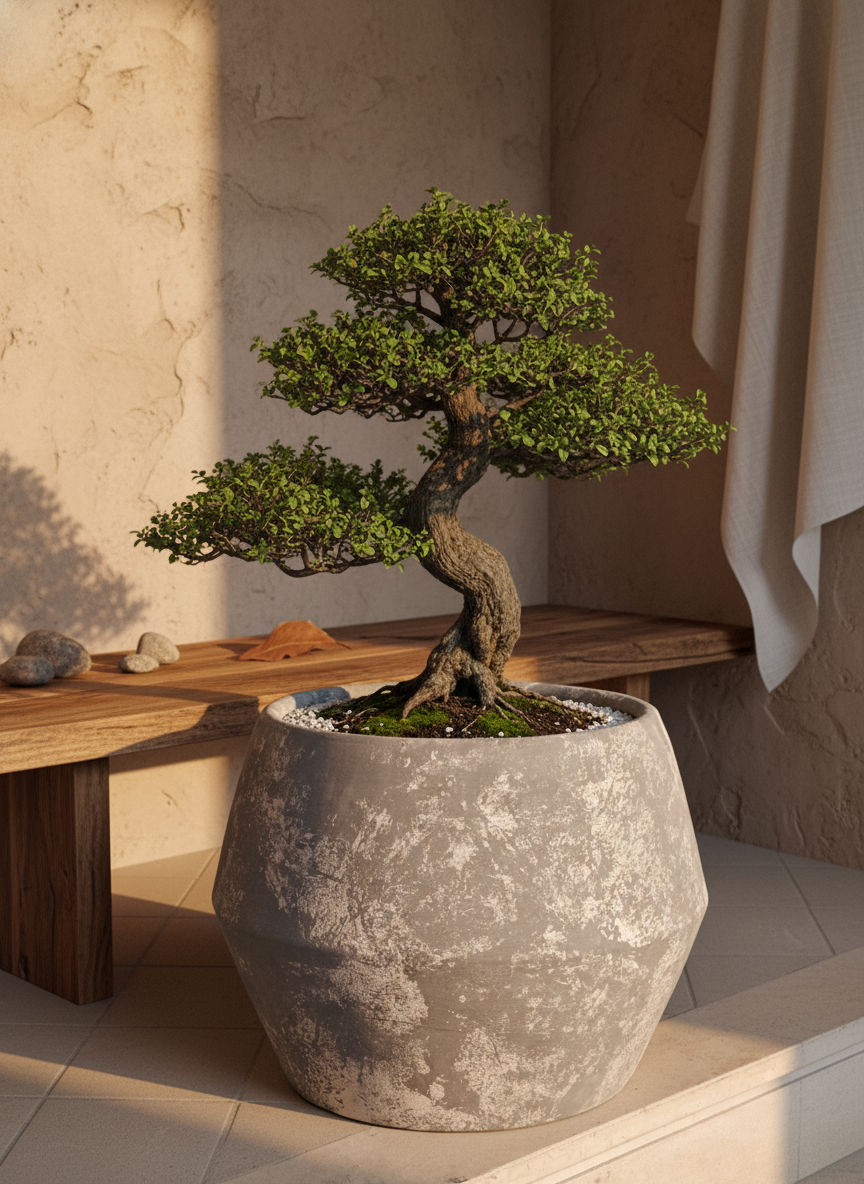 Pot en terre cuite gris rustique à finition texturée et silhouette géométrique