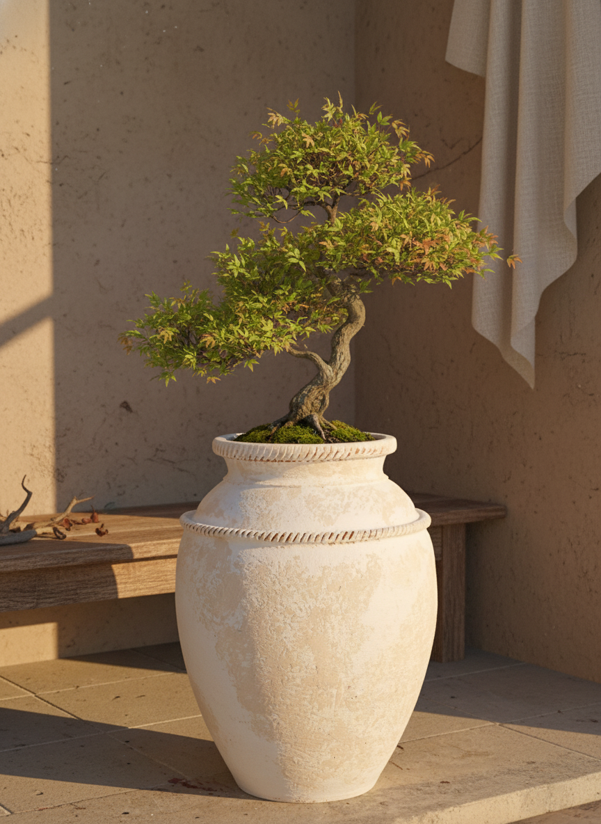Pot de fleurs rustique en terre cuite crème avec détail décoratif en corde texturée