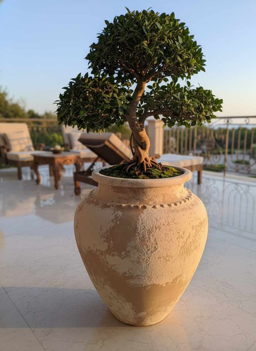 Rustieke beige terracotta bloempot met ronde vorm en gestructureerde afwerking