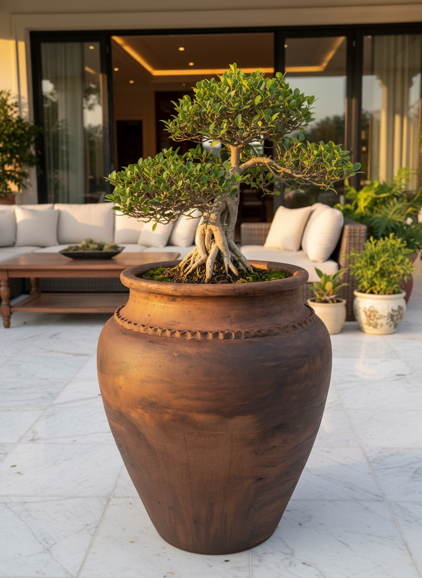 Pot en terre cuite marron rustique au corps arrondi et à la lèvre décorative