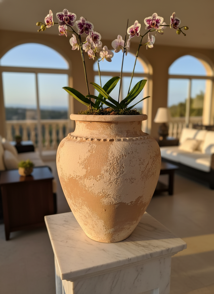 Pot en terre cuite beige rustique de forme arrondie avec finition texturée
