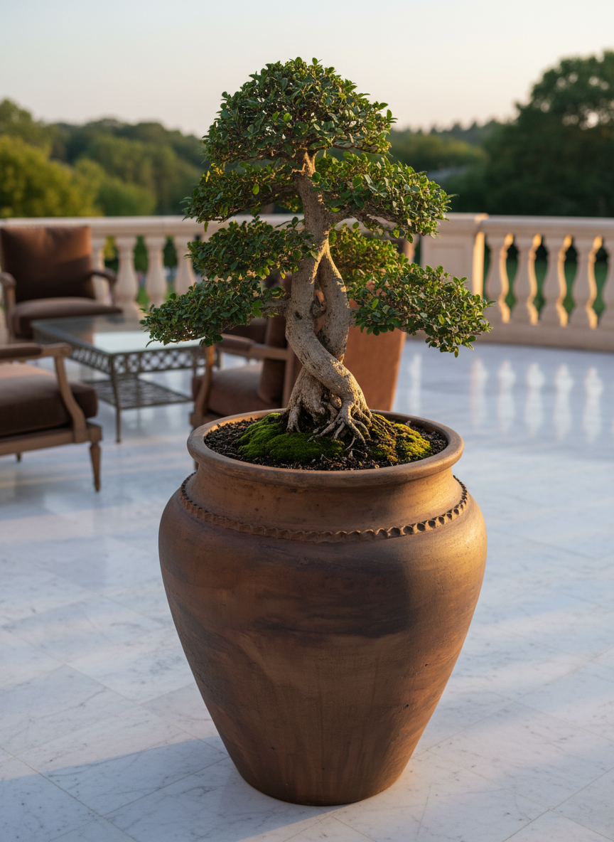 Rustieke bruine terracotta bloempot met afgeronde vorm en decoratieve rand