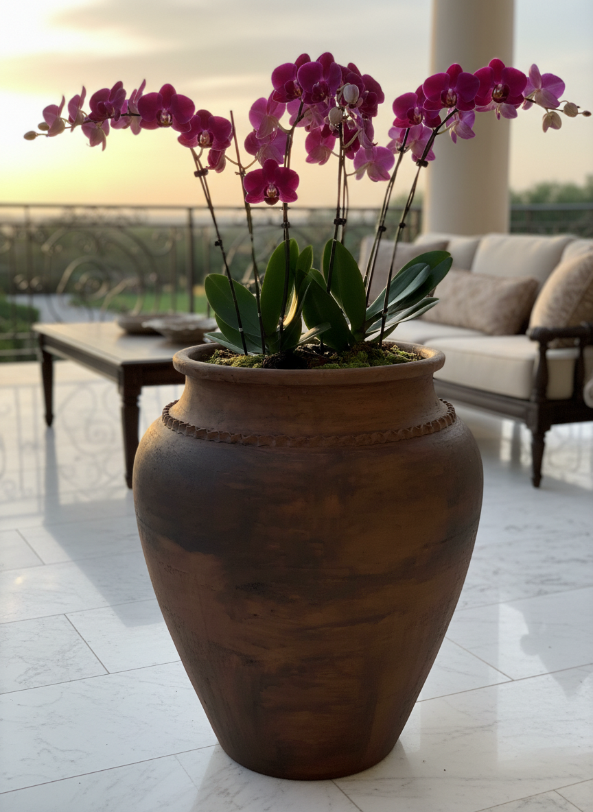 Rustieke bruine terracotta bloempot met afgeronde vorm en decoratieve rand