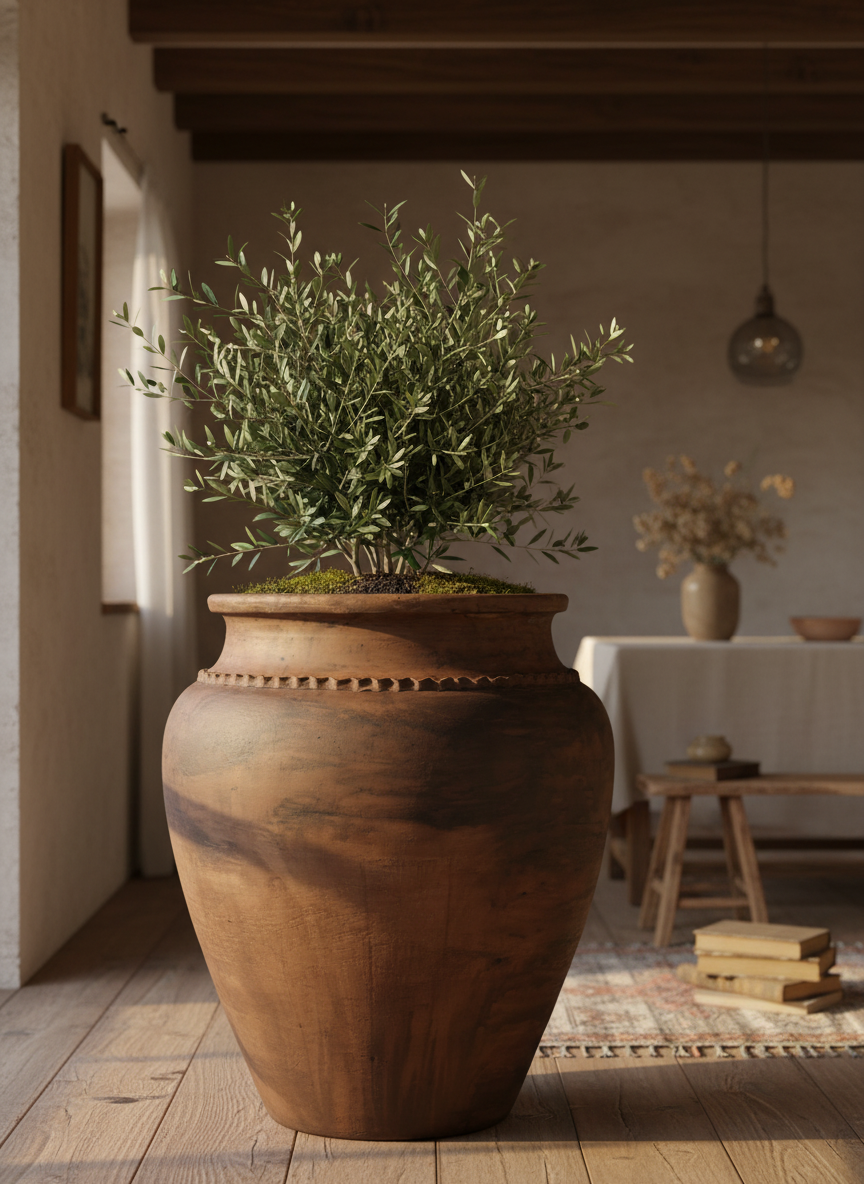 Rustieke bruine terracotta bloempot met afgeronde vorm en decoratieve rand