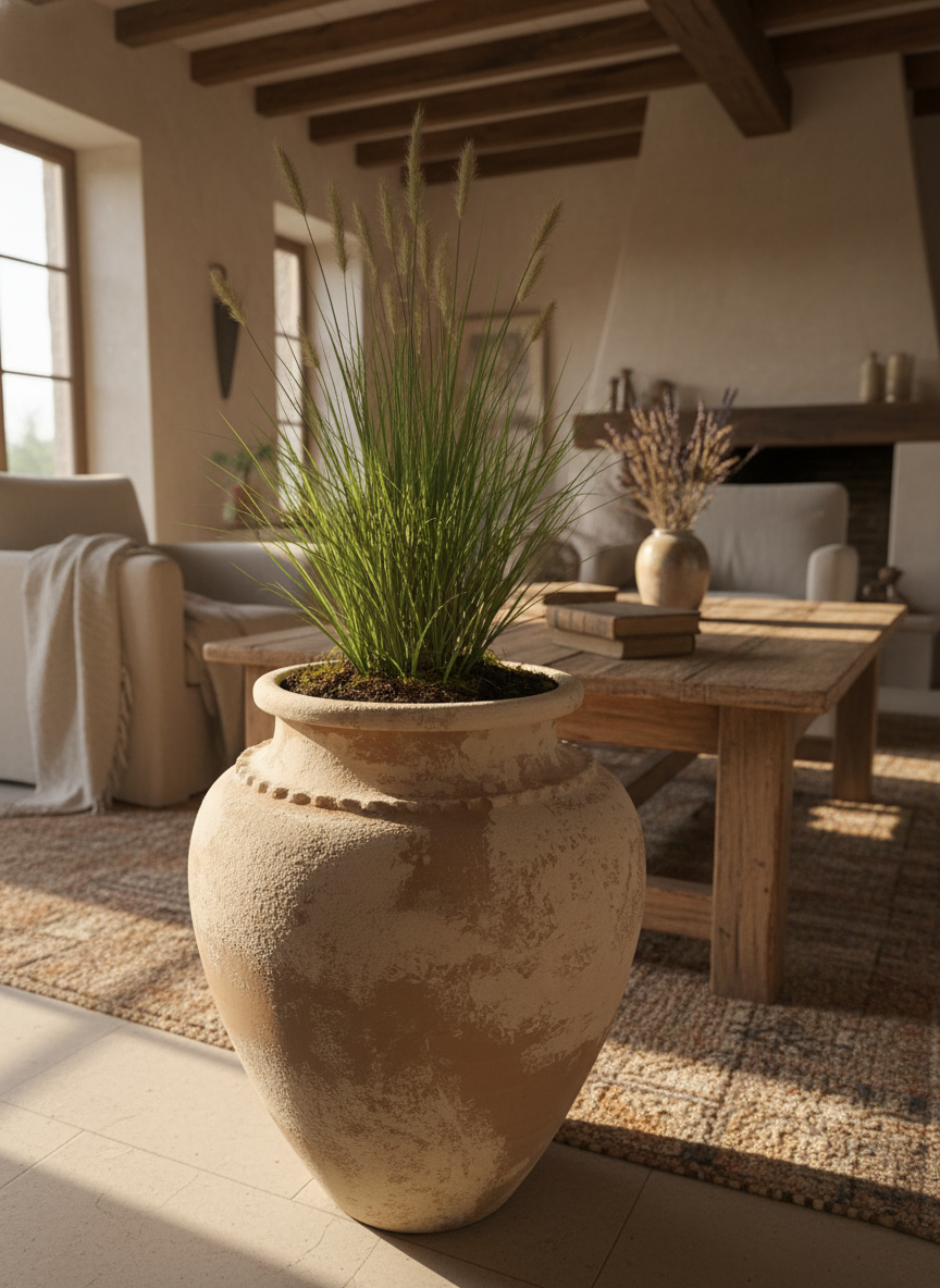 Rustieke beige terracotta bloempot met ronde vorm en gestructureerde afwerking