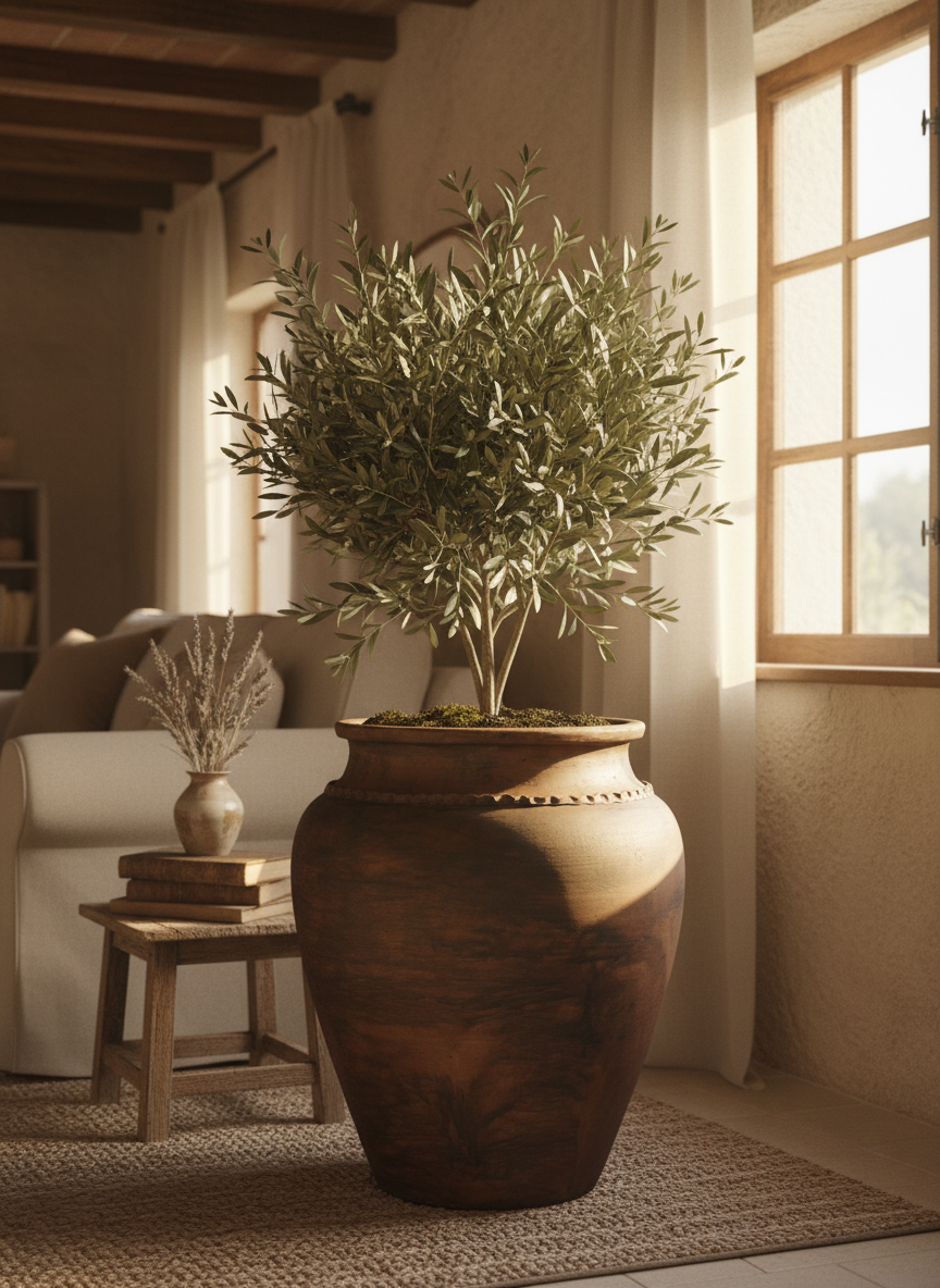 Rustieke bruine terracotta bloempot met afgeronde vorm en decoratieve rand
