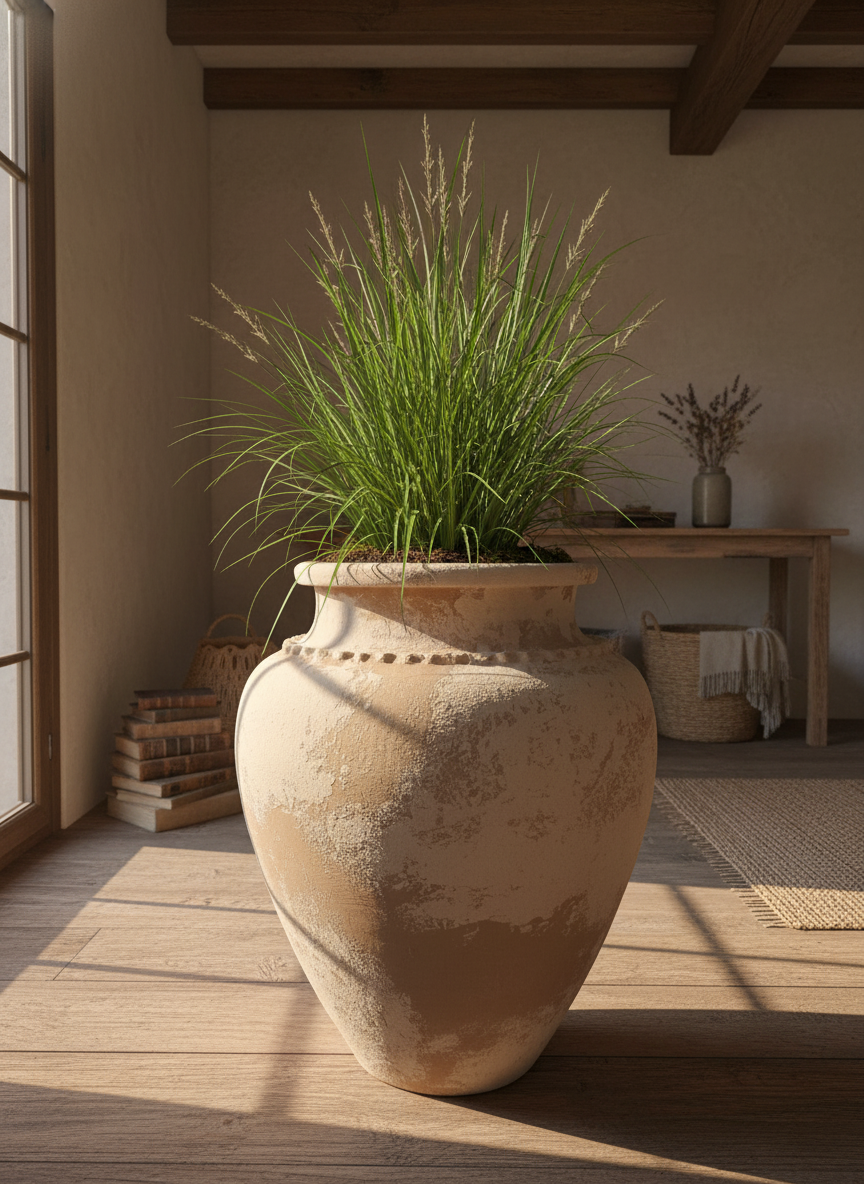 Rustieke beige terracotta bloempot met ronde vorm en gestructureerde afwerking