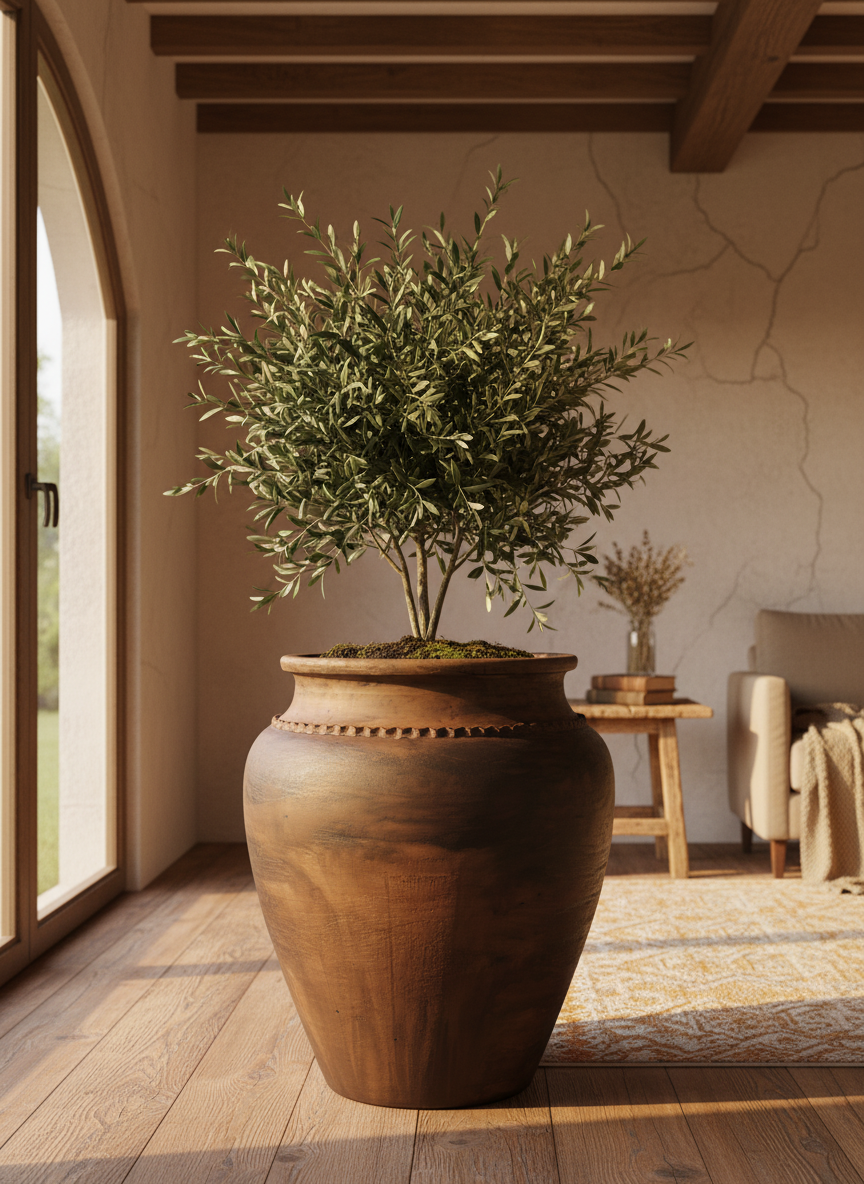 Rustieke bruine terracotta bloempot met afgeronde vorm en decoratieve rand