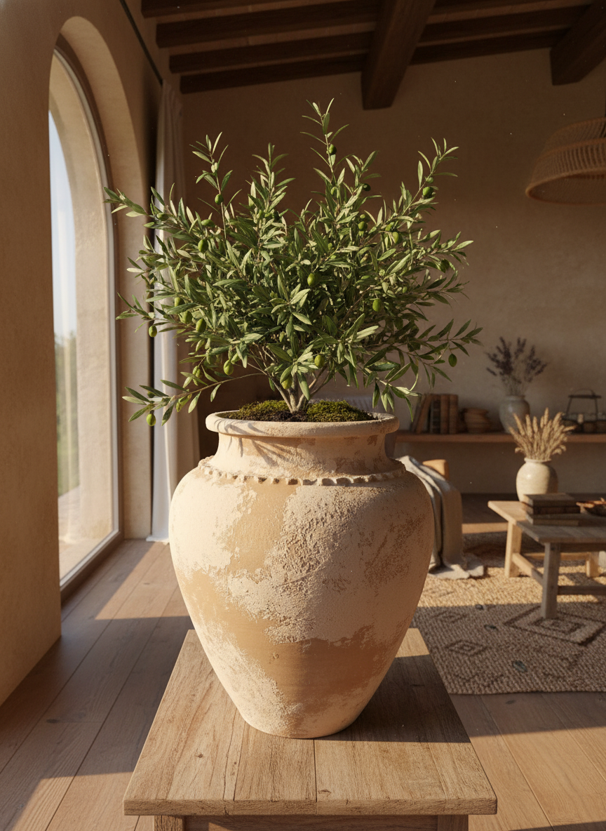 Rustieke beige terracotta bloempot met ronde vorm en gestructureerde afwerking