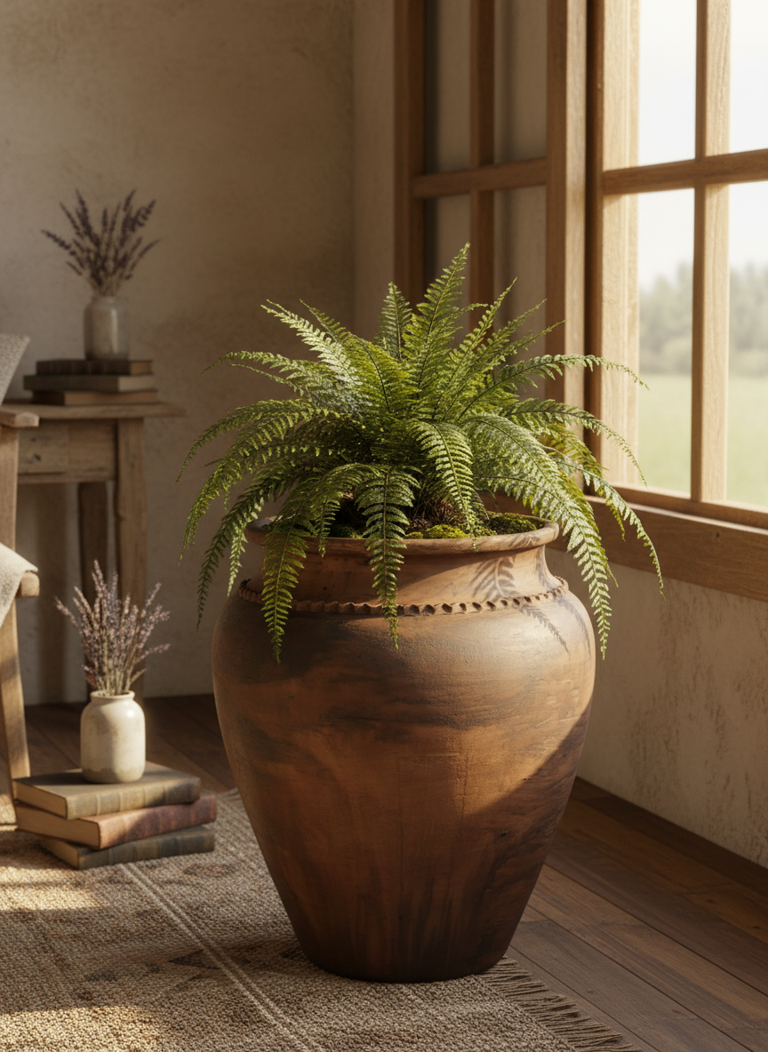 Rustieke bruine terracotta bloempot met afgeronde vorm en decoratieve rand