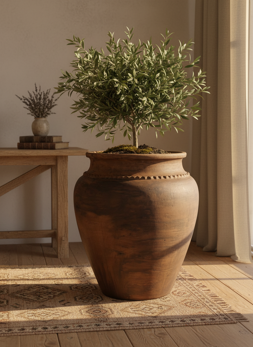 Rustieke bruine terracotta bloempot met afgeronde vorm en decoratieve rand