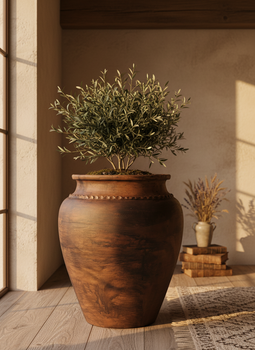 Rustieke bruine terracotta bloempot met afgeronde vorm en decoratieve rand