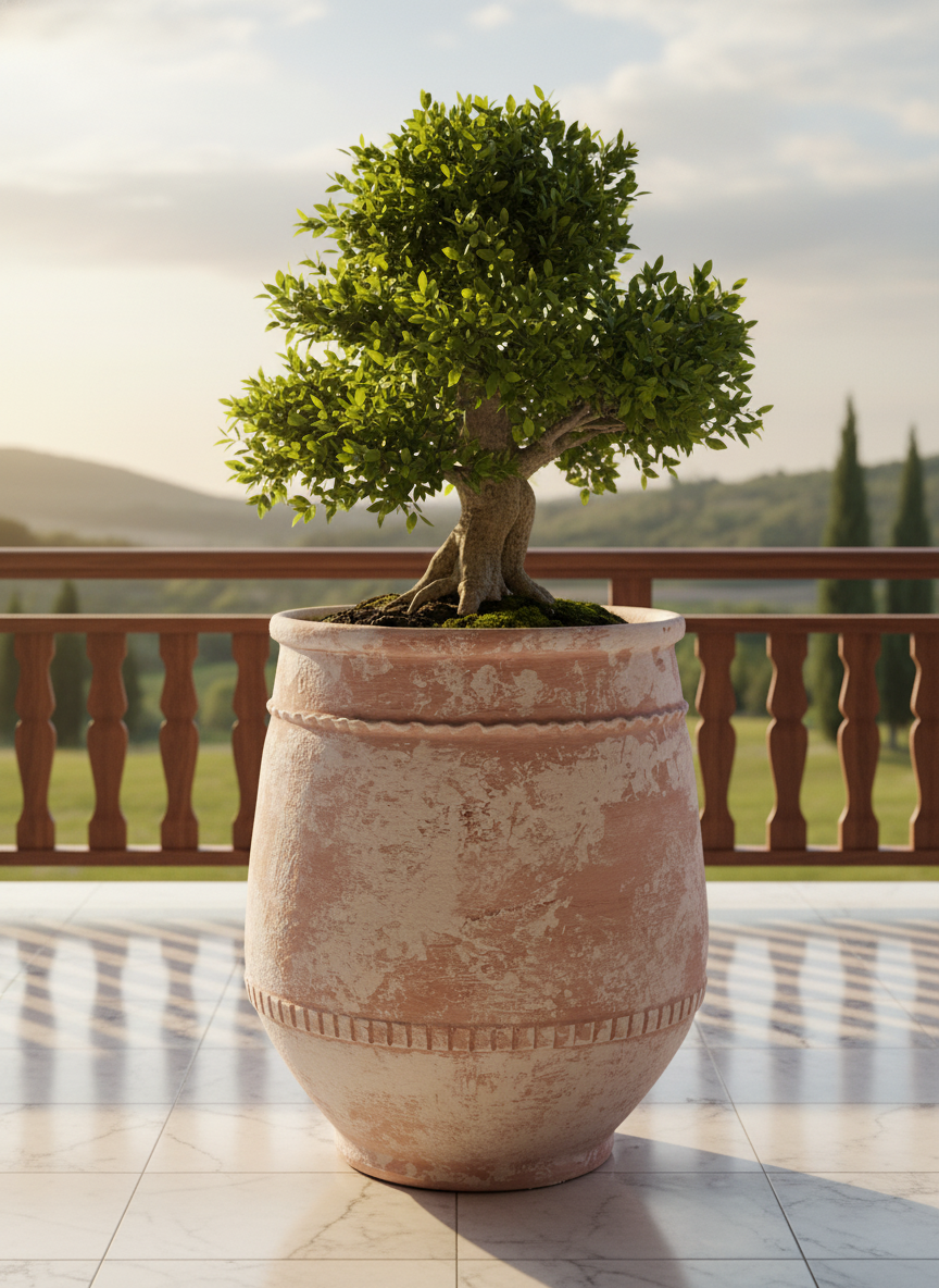 Rustic Terracotta Planter with Distressed Finish and Decorative Textured Bands