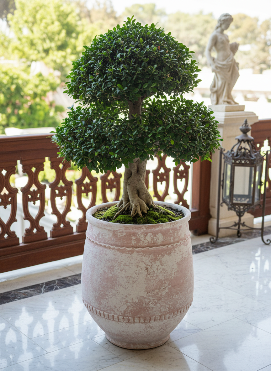 Rustic Terracotta Planter with Distressed Finish and Decorative Textured Bands