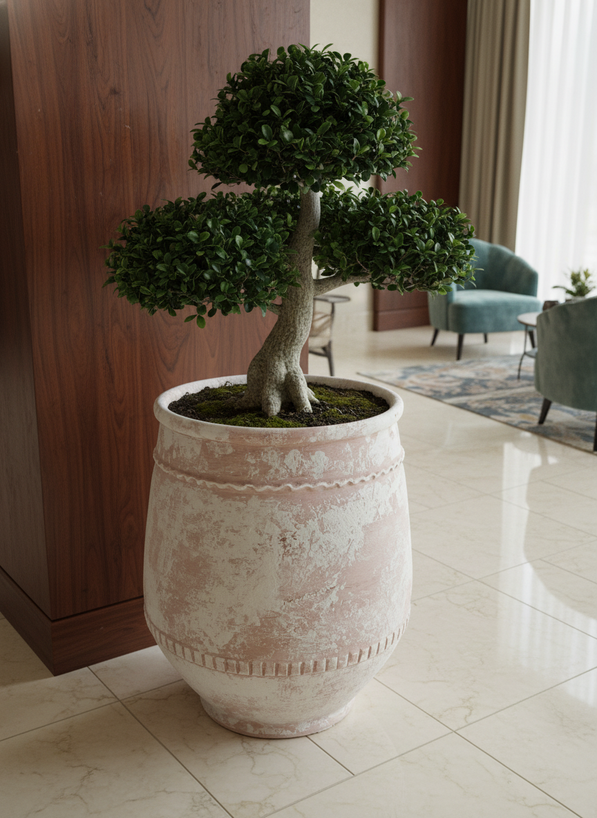 Rustic Terracotta Planter with Distressed Finish and Decorative Textured Bands