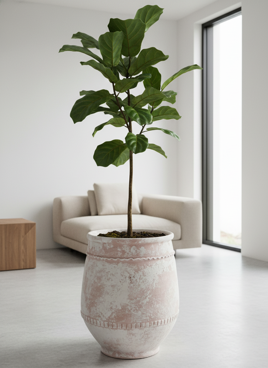 Pot en terre cuite rustique avec finition vieillie et bandes décoratives texturées