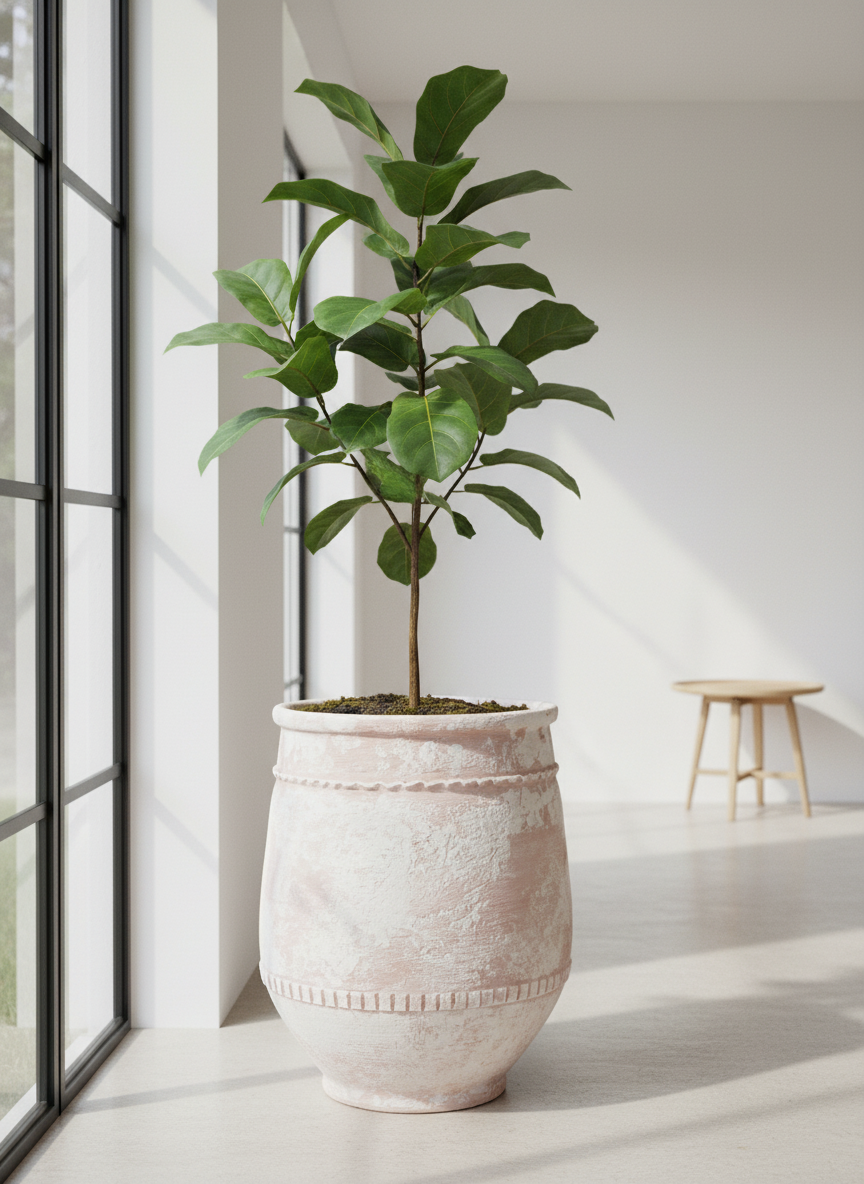 Rustic Terracotta Planter with Distressed Finish and Decorative Textured Bands