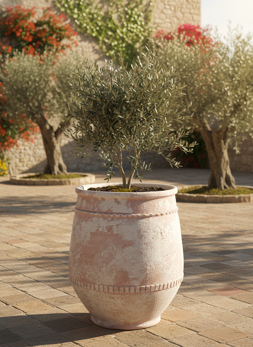 Rustic Terracotta Planter with Distressed Finish and Decorative Textured Bands