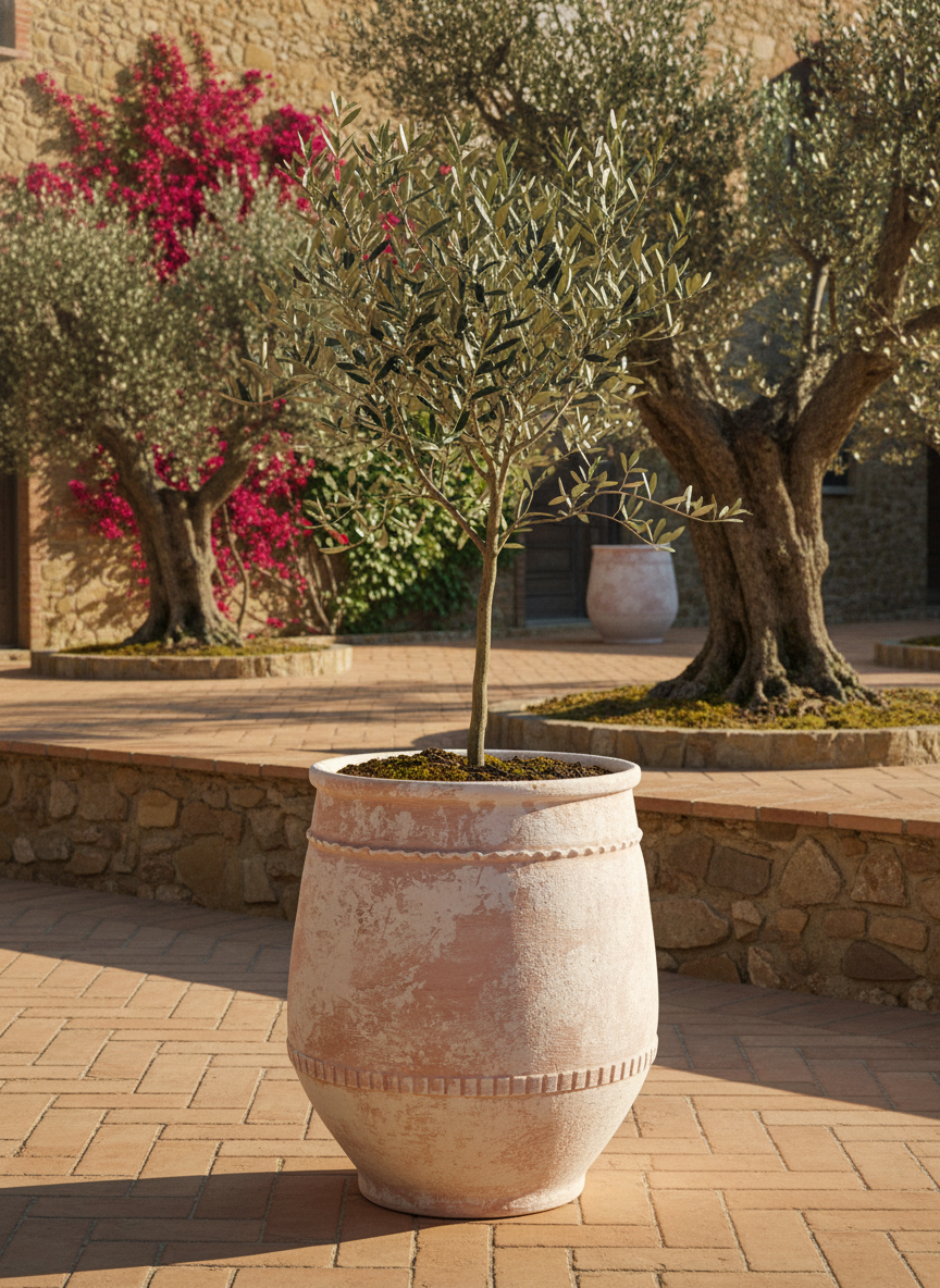 Rustic Terracotta Planter with Distressed Finish and Decorative Textured Bands