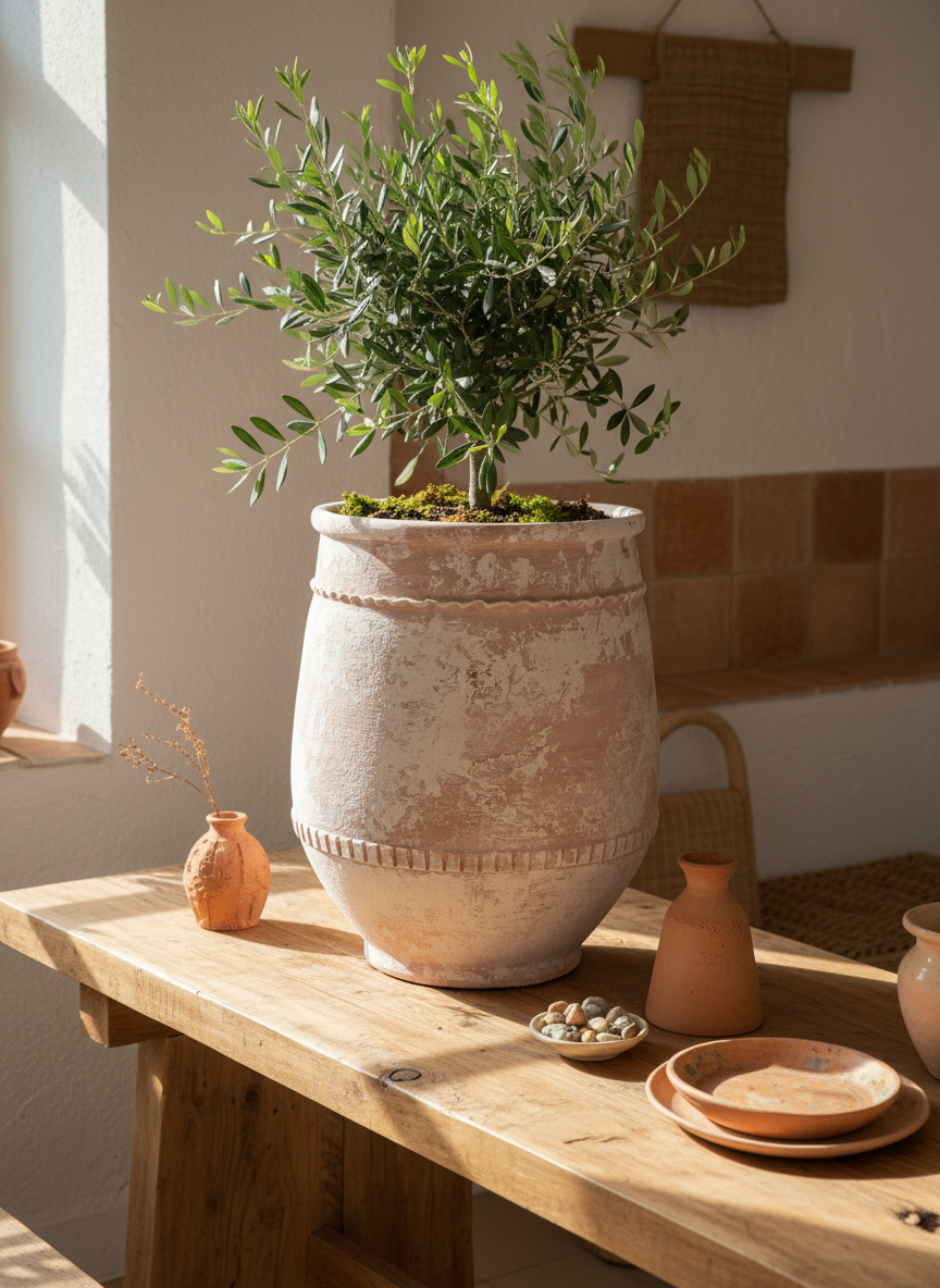 Rustic Terracotta Planter with Distressed Finish and Decorative Textured Bands