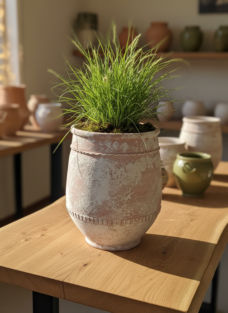 Rustic Terracotta Planter with Distressed Finish and Decorative Textured Bands