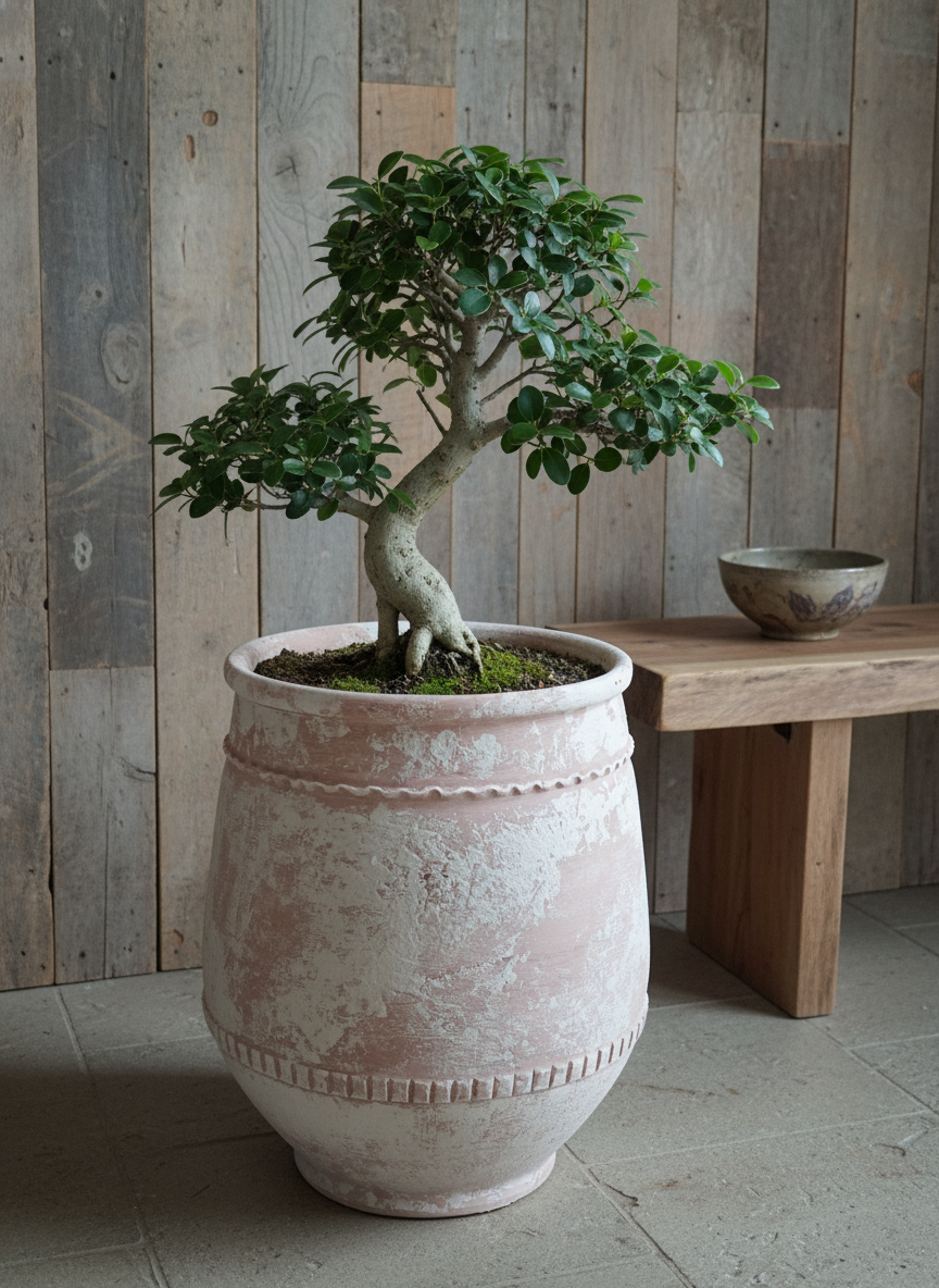 Rustic Terracotta Planter with Distressed Finish and Decorative Textured Bands