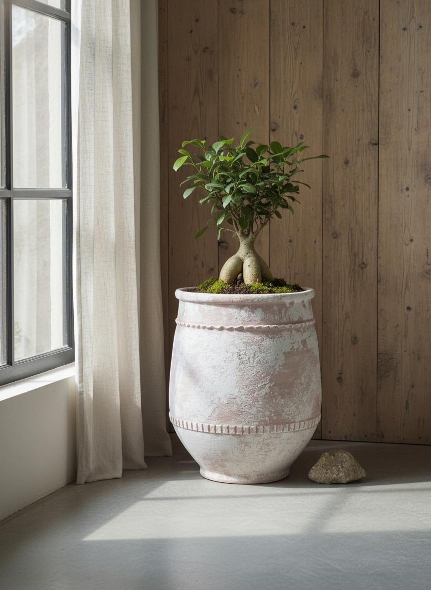 Rustic Terracotta Planter with Distressed Finish and Decorative Textured Bands