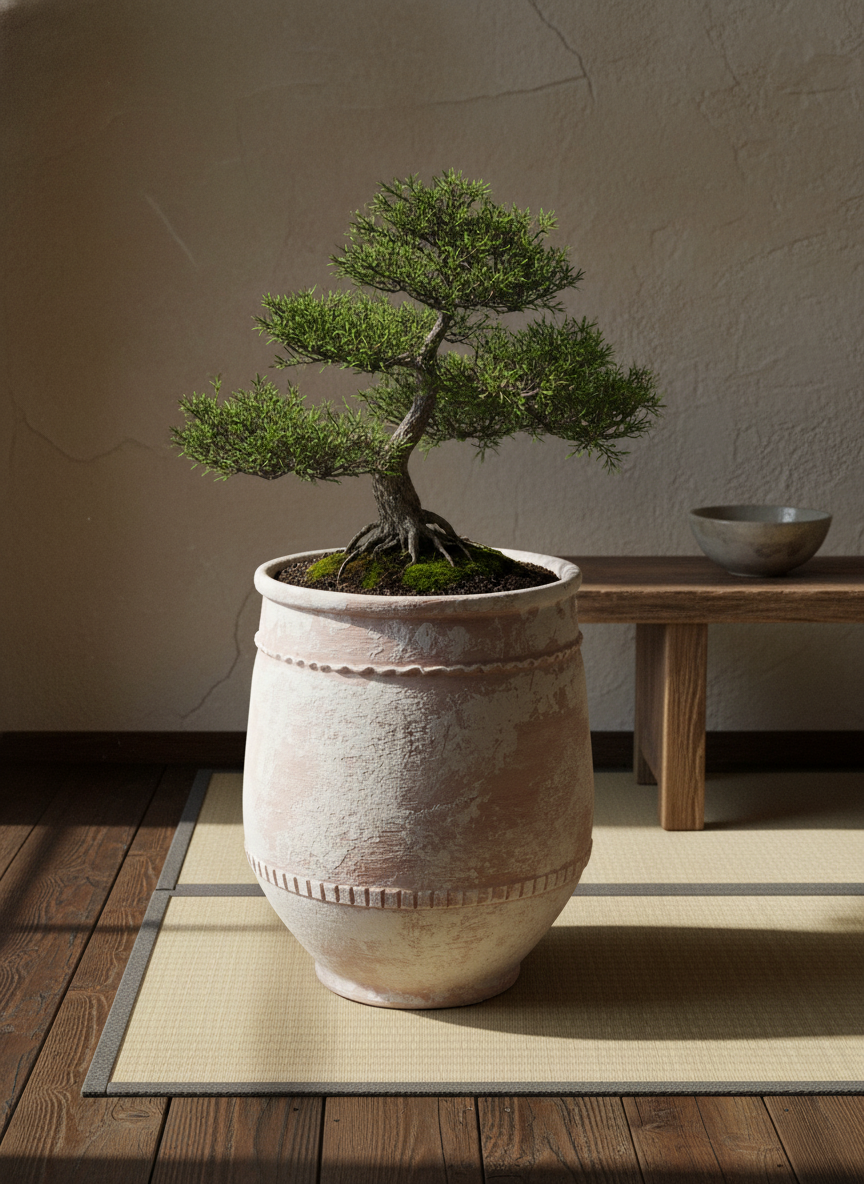 Pot en terre cuite rustique avec finition vieillie et bandes décoratives texturées