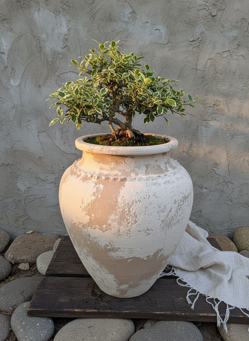 Pot en terre cuite beige rustique de forme arrondie avec finition texturée