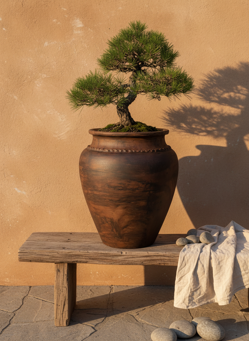 Pot en terre cuite marron rustique au corps arrondi et à la lèvre décorative