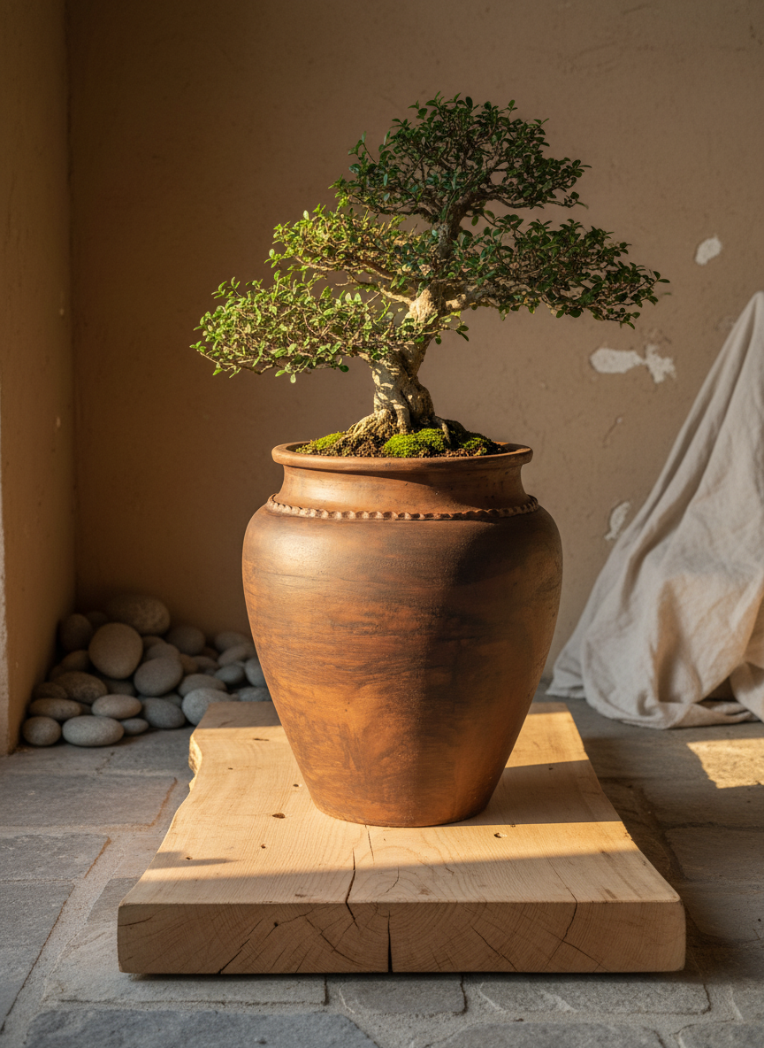 Pot en terre cuite marron rustique au corps arrondi et à la lèvre décorative