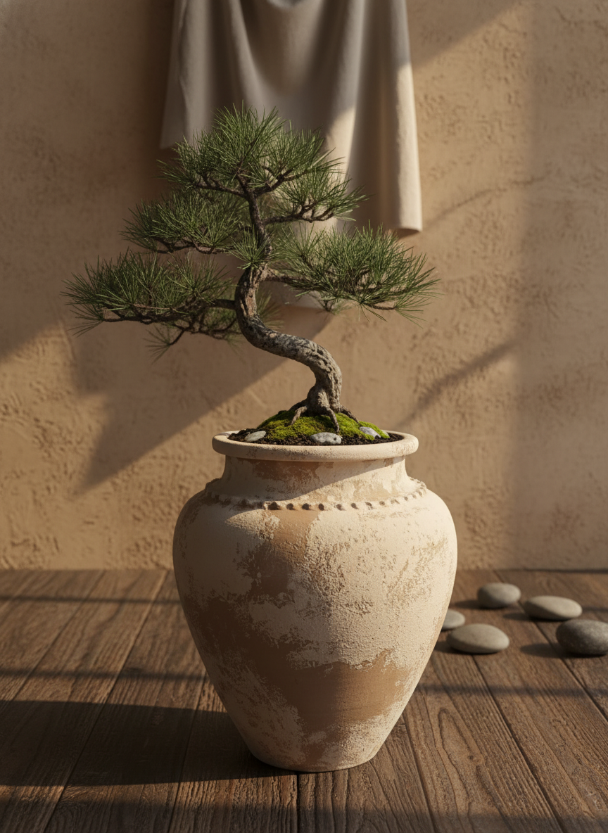Pot en terre cuite beige rustique de forme arrondie avec finition texturée