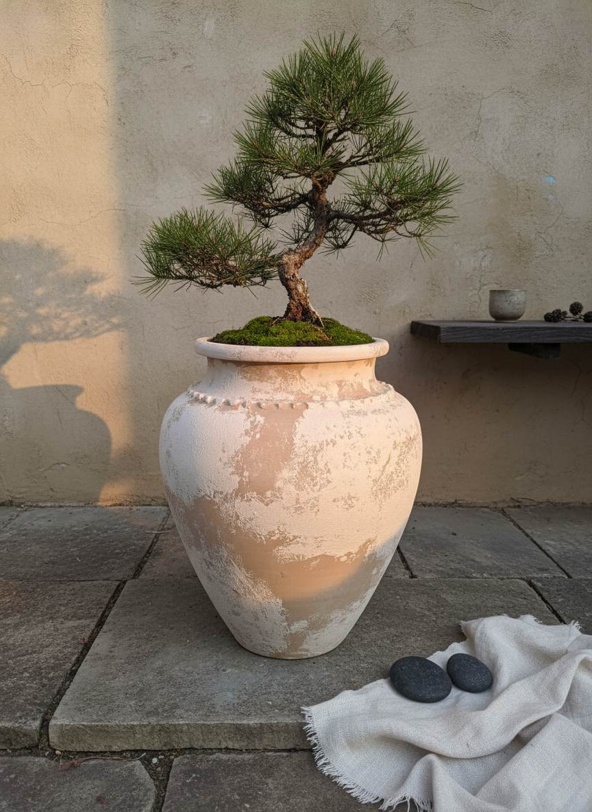 Pot en terre cuite beige rustique de forme arrondie avec finition texturée