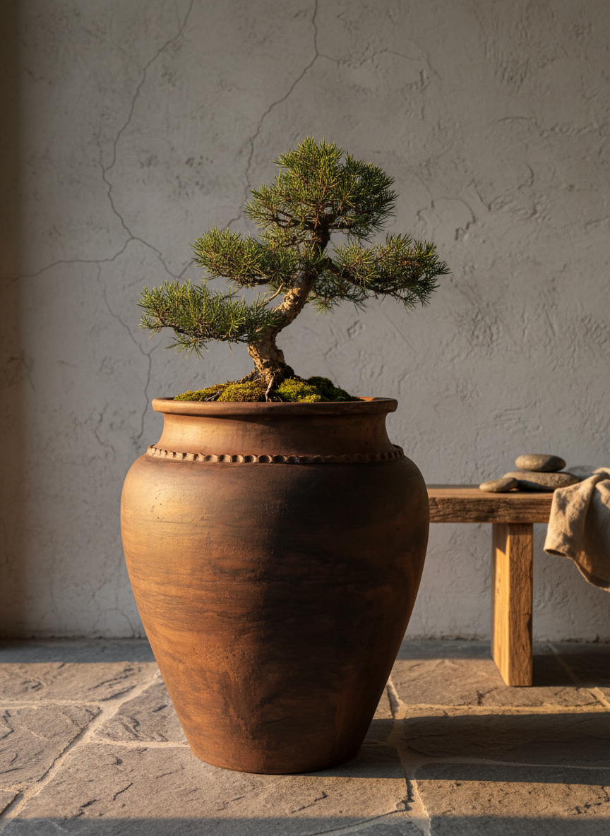 Rustieke bruine terracotta bloempot met afgeronde vorm en decoratieve rand