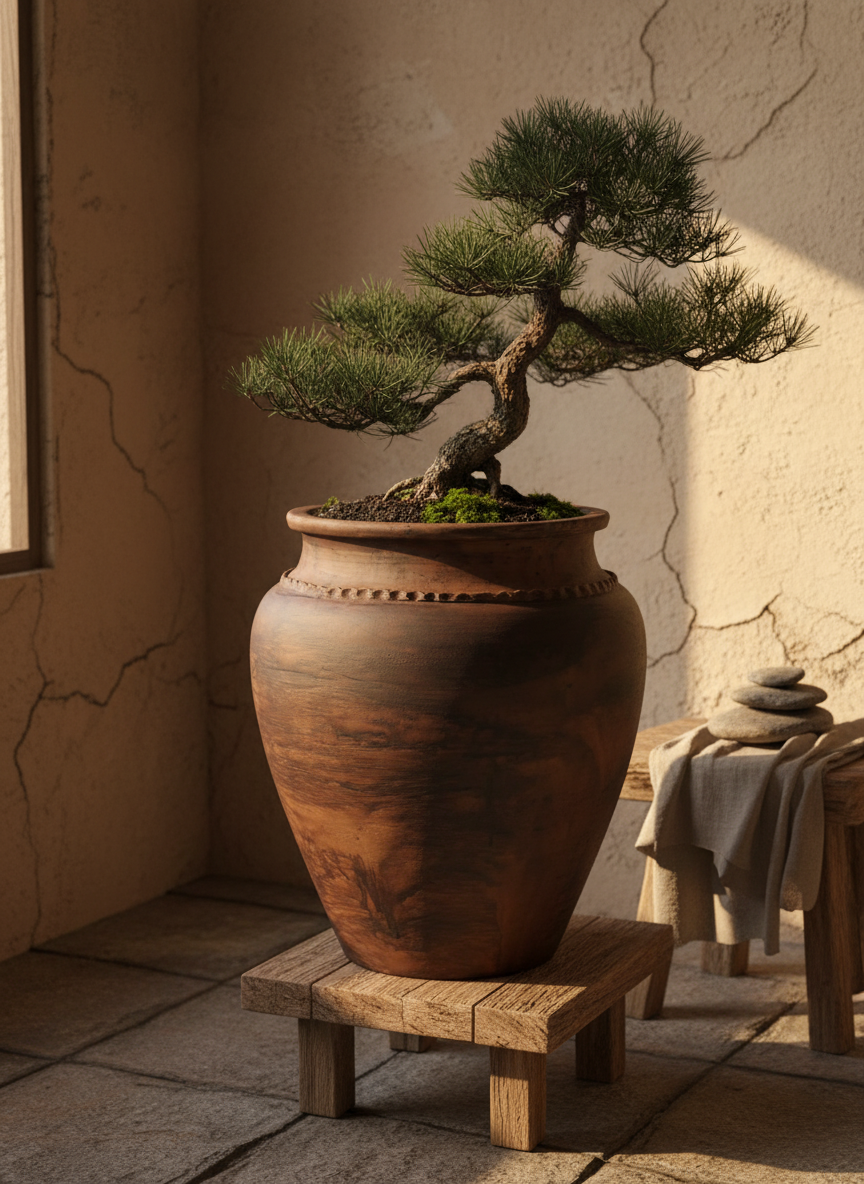 Rustieke bruine terracotta bloempot met afgeronde vorm en decoratieve rand