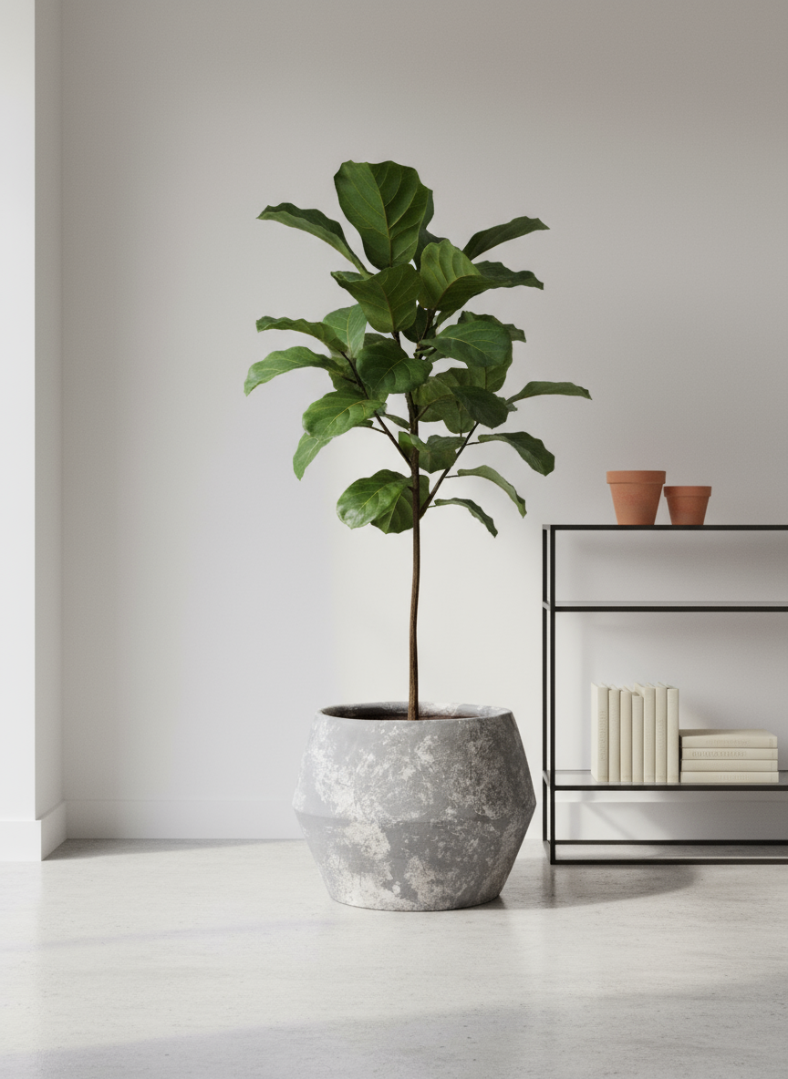 Pot en terre cuite gris rustique à finition texturée et silhouette géométrique