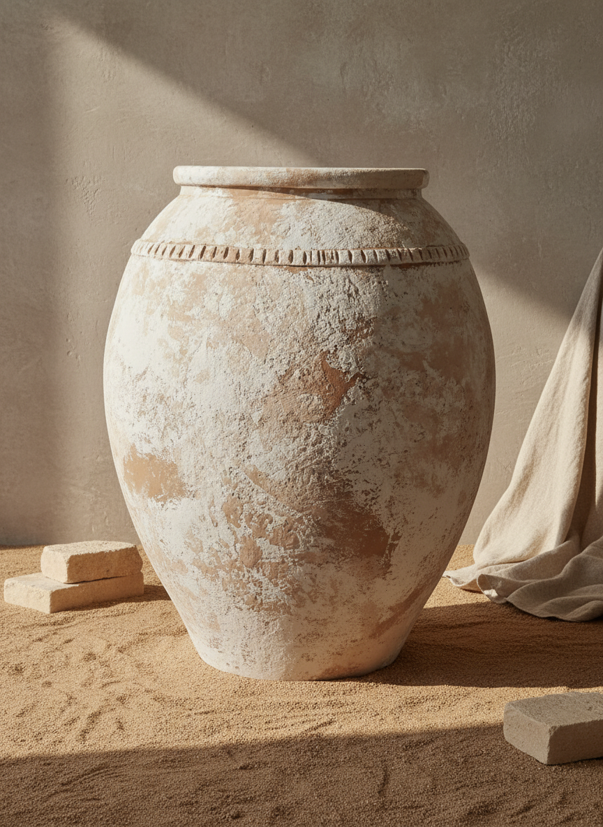 Rustikale elfenbeinfarbene Terrakotta-Vase mit Antik-Finish und Zierband