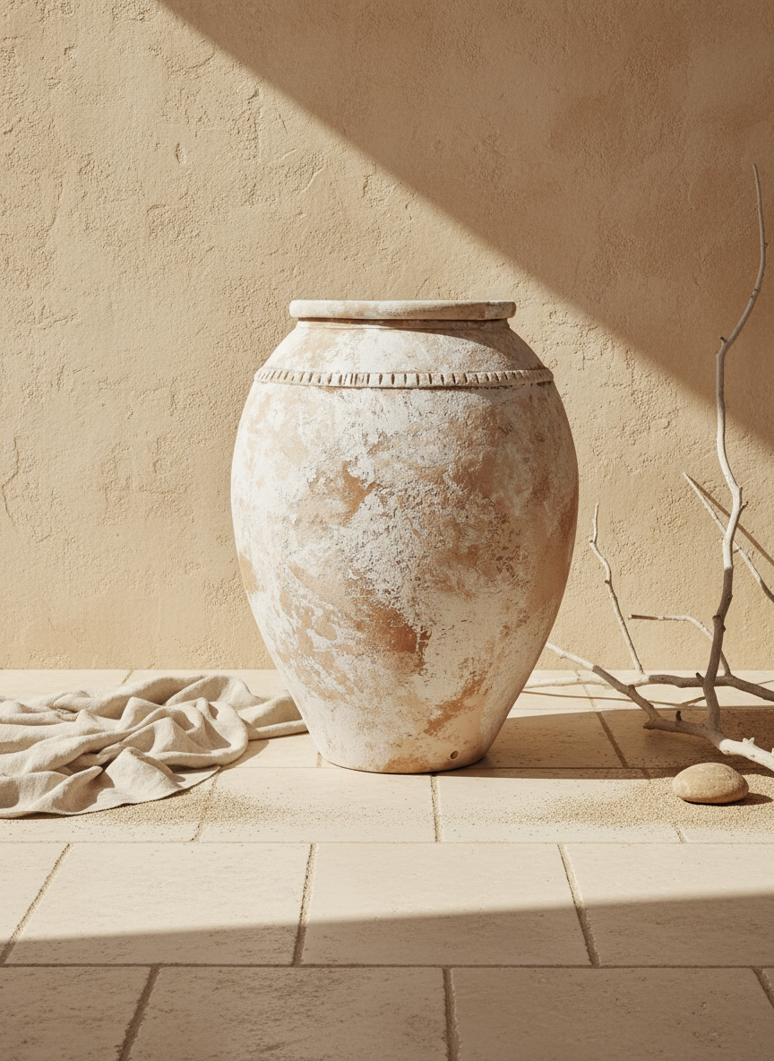 Rustikale elfenbeinfarbene Terrakotta-Vase mit Antik-Finish und Zierband