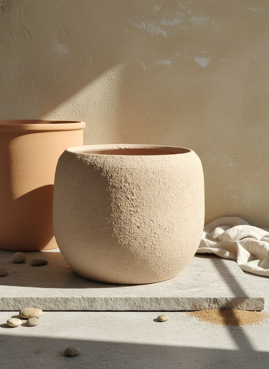 Natuurlijke beige afgeronde terracotta plantenpot met rustieke matte structuurafwerking