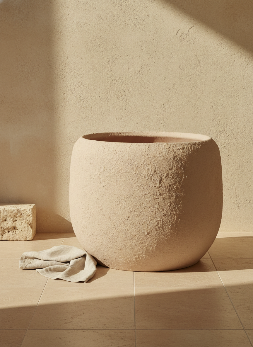 Pot en terre cuite beige naturel arrondi avec finition rustique mate texturée