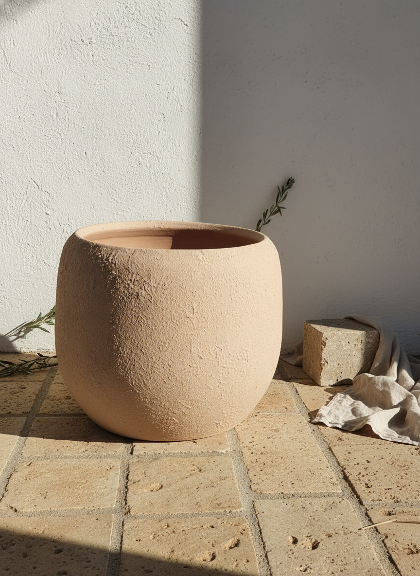 Pot en terre cuite beige naturel arrondi avec finition rustique mate texturée